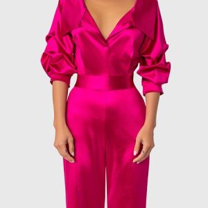Long sleeve Plain Regular Fit Elegant Blouse, Blouses and Shirts, color:Rose Red|size:XXL, Stylewe