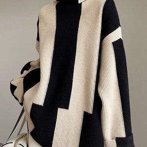 Striped Daily Long sleeve Simple Turtleneck Sweater, Pullovers, color:Beige|size:XXL, Stylewe