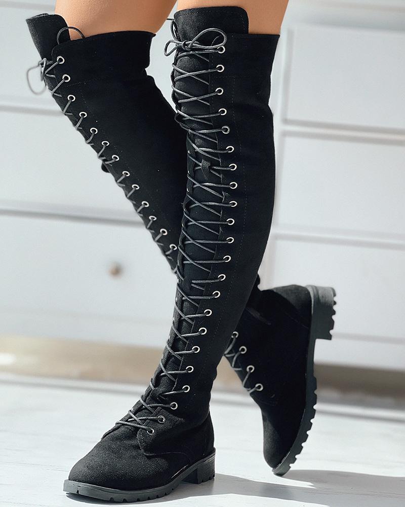 Eyelet Lace-up Over The Knee Boots, Boots, chicme - Women's Fashion Online