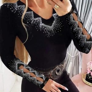 Rhinestone Geometric Pattern Hollow Out Top, T-shirt & Tees, chicme - Women's Fashion Online