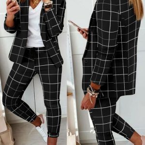 Plaid Print Blazer & Drawstring Pants Set, blazer set, chicme - Women's Fashion Online