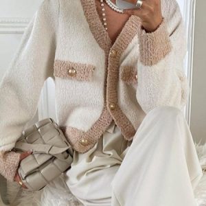Long Sleeve Elegant Color Block Cardigan, Cardigans, color:White|size:XXL, Stylewe