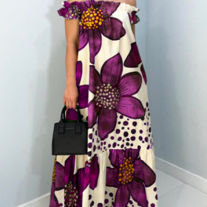 Plus Size Floral Cold Shoulder Vacation Loose Maxi Dress, Plus Dresses, color:As Picture|size:4X, Stylewe