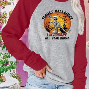 Casual Halloween Crew Neck Long Sleeve T-shirt, T-shirts, color:Red|size:XXL, Noracora