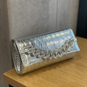 Rhinestone Chain Crocodile Embossed Party Clutch Bag with Crossbody Chain Strap, Bags, color:Silver|size:One-size, Stylewe