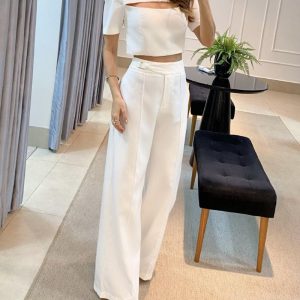Puff Sleeve Cutout Top & Wide Leg Pants Set, Two-piece Sets, chicme - Women's Fashion Online