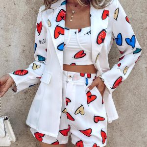 Heart Letter Print Cami Top & Shorts Set With Blazer Coat, Two-piece Sets, chicme - Women's Fashion Online