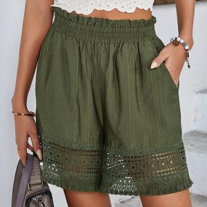 Casual Plain Natural Tassel Shorts, Shorts, color:Army Green|size:XL, Noracora