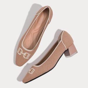 Embroidery Breathable Mesh Fabric Arch Support Insole Block Heel Shallow Pumps, Heels, color:Pink|size:40, Stylewe