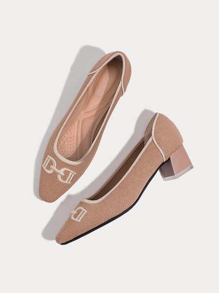 Embroidery Breathable Mesh Fabric Arch Support Insole Block Heel Shallow Pumps, Heels, color:Pink|size:40, Stylewe
