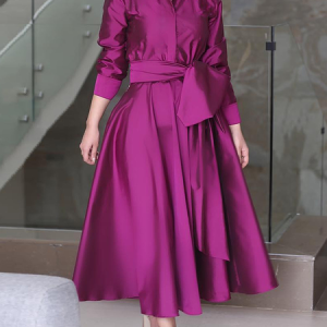 Urban Loose Long Sleeve Maxi Dress Shirt Dress With Belt, Maxi Dresses, color:Rose Red|size:XXL, Stylewe