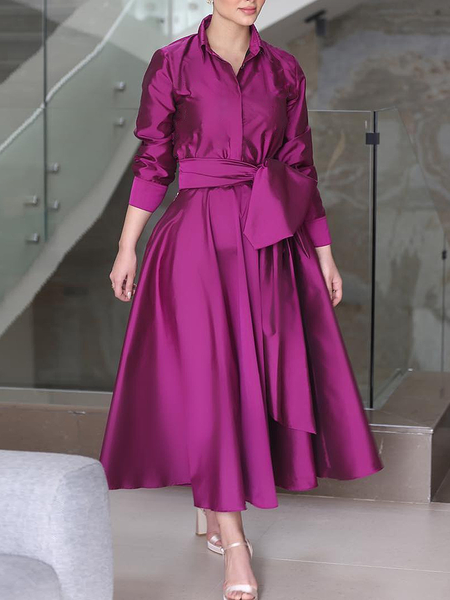Urban Loose Long Sleeve Shirt Dress Shirt Dress With Belt, Maxi Dresses, color:Rose Red|size:XXL, Stylewe