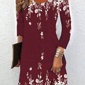 Women Floral Crew Neck Long Sleeve Comfy Casual Midi Dress, Dresses, color:Wine Red|size:XXL, Noracora