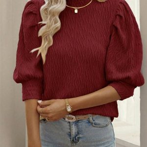 Stand Collar Half Sleeve Plain Regular Micro-Elasticity Loose Shirt For Women, Blouses, color:Wine Red|size:XL, Noracora