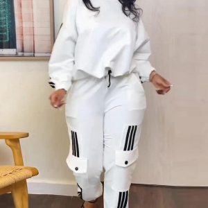 Striped Drawstring Top & Cuffed Pants Set, Two-piece Sets, chicme - Women's Fashion Online