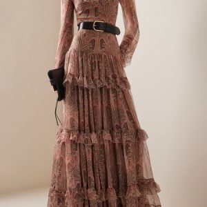 Women Ethnic V Neck Long Sleeve Comfy Boho Maxi Dress, Dresses, color:Pink|size:XXL, Noracora