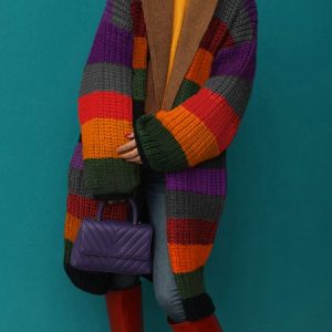 Urban Striped Color Block  Loose Long Sleeve Cardigan, Cardigans, color:Multicolor|size:XXL, Stylewe