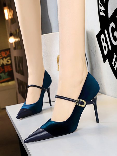 Party Velvet Paneled Stiletto Heel Mary Jane Pumps, Heels, color:Royal Blue|size:43, Stylewe