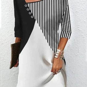 Women Striped Casual Autumn Lightweight Daily Jersey Standard Three Quarter Sleeve Regular Size Tunic Dress, Short, color:Black|size:XXL, Noracora