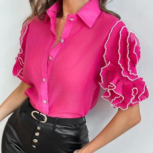Rose Detail Buttoned Frill Hem Half Sleeve Top, Blouses & Shirts, chicme - Women's Fashion Online