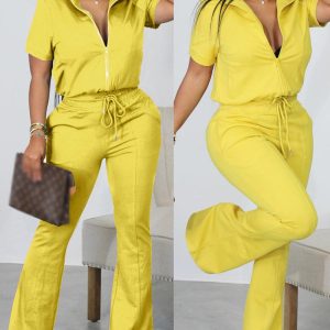 Short Sleeve Zip Up Top & Drawstring Pants Set, Two-piece Sets, chicme - Women's Fashion Online