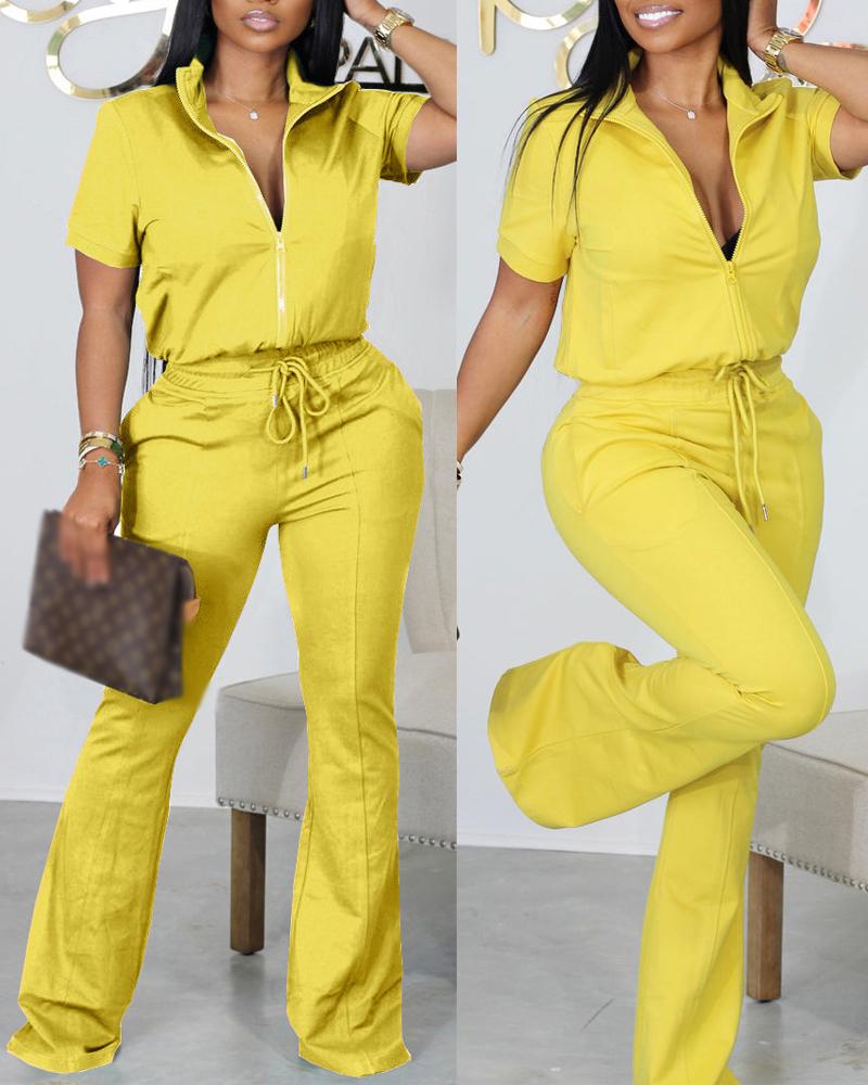 Short Sleeve Zip Up Top & Drawstring Pants Set, Two-piece Sets, chicme - Women's Fashion Online