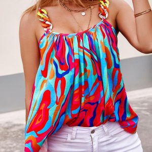 Multi-Color Abstract Print Chain Decor Flowy Cami Top, Tanks & Crop Tops, chicme - Women's Fashion Online
