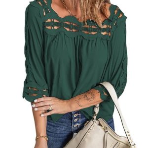 Square Neck Three Quarter Sleeve Plain Lace Regular Loose Shirt For Women, Blouses, color:Deep Green|size:XXL, Noracora