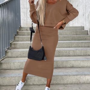 Deep V-Neck Top & Sleeveless Dress Set, Two-piece Sets, chicme - Women's Fashion Online