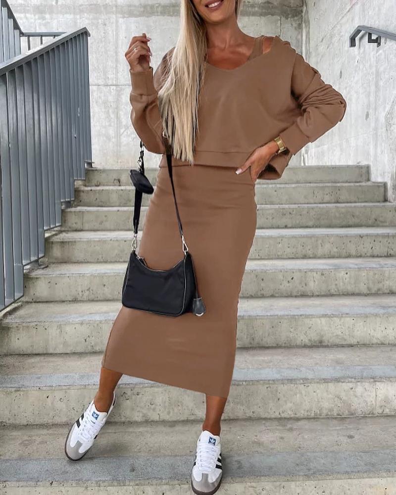 Deep V-Neck Top & Sleeveless Dress Set, Two-piece Sets, chicme - Women's Fashion Online