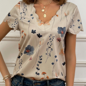 Summer Dessert Shell Neck Floral Design T-Shirt, JustFashionNow T-Shirts, color:Khaki|size:XXL,