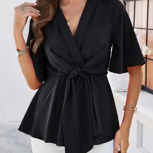 V Neck Short Sleeve Plain Regular Loose Shirt For Women, Blouses, color:Black|size:XL, Noracora