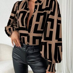 Shirt Collar Long Sleeve Geometric Regular Loose Blouse For Women, Blouses, color:Khaki|size:XXL, catalog Noracora shop