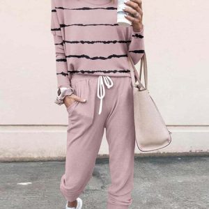 Women Striped Crew Neck Long Sleeve Comfy Casual Top With Pants Two-Piece Set, Sets, color:Pink|size:3XL, Noracora