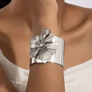 Unique Exaggerated Metallic Floral Imitation Pearl Wide Cuff Bracelet, Bracelets, color:Silver|size:One-size, Stylewe
