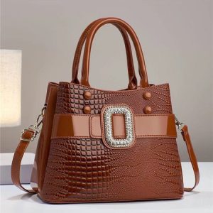Large Capacity Rhinestone Buckle Embossed Handbag Commuting Tote Bag with Crossbody Strap, Bags, color:Brown|size:One-size, Stylewe