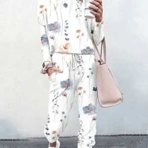 Women Floral Print Long Sleeve Comfy Casual Top With Pants Two-Piece Set, Sets, color:White|size:3XL, Noracora