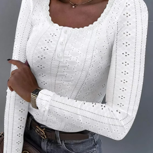 Crew Neck Long Sleeve Plain Lace Regular Micro-Elasticity Regular Fit Shirt For Women, Blouses, color:White|size:XL, Noracora