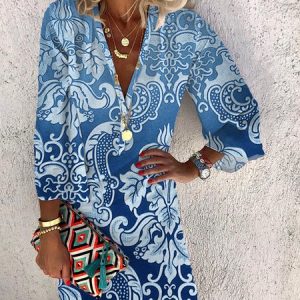 Women's Sundress Vacation Loose V Neck Long Sleeve Casual Midi Dress, Short, color:Blue|size:XXL, catalog Noracora shop