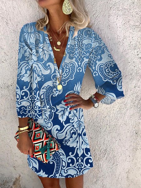 Women's Three Quarter Sleeve Spring/Fall Ethnic Dress V Neck Daily Going Out Casual Mini H-Line, JustFashionNow Dresses, color:Blue|size:XXL,