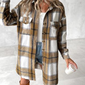 Plaid Print Pocket Design Buttoned Longline Shacket, Jackets & Coats, chicme - Women's Fashion Online