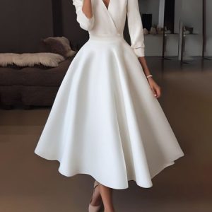 Plain Elegant Regular Fit V Neck Dress, Maxi Dresses, color:White|size:XXL, Stylewe
