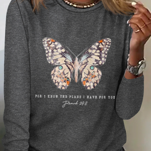 Women's Casual Jeremiah 29 11 For I Know the Plans I Have For You Print Cotton-Blend Crew Neck Butterfly Long Sleeve Shirt, Long sleeves, Lilicloth.com