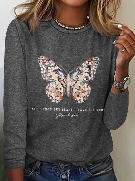 Women's Casual Jeremiah 29 11 For I Know the Plans I Have For You Print Cotton-Blend Crew Neck Butterfly Long Sleeve Shirt, Long sleeves, Lilicloth.com