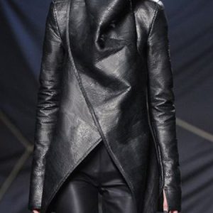 Turtleneck Urban Long Sleeve Plain Faux Leather Coat, Jackets, color:Black|size:XXL, Stylewe