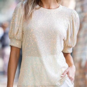 Puff Sleeve Allover Sequin Top, T-shirt & Tees, chicme - Women's Fashion Online