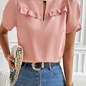 Stand Collar Short Sleeve Plain Regular Loose Shirt For Women, Blouses, color:Pink|size:XL, Noracora