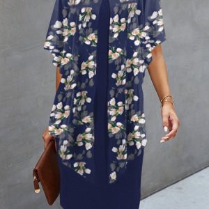 Women Floral Crew Neck Half Sleeve Comfy Casual Short Dress, Dresses, color:Blue|size:XXL, Noracora