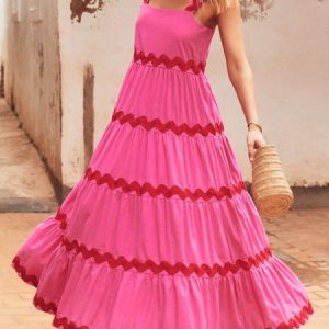 Women Striped Spaghetti Gallus Comfy Boho Maxi Dress, Dresses, color:Rose Red|size:XL, Noracora