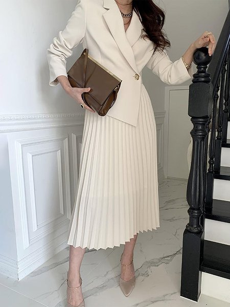 Regular Fit Plain Urban Lapel Collar Long Sleeve Midi Dress With No Belt, Midi Dresses, color:As Picture|size:XXL, Stylewe